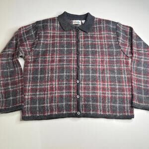 Vintage Paul Harris Design Mohair Blend Cardigan Sweater XL Plaid Gray Red 90s